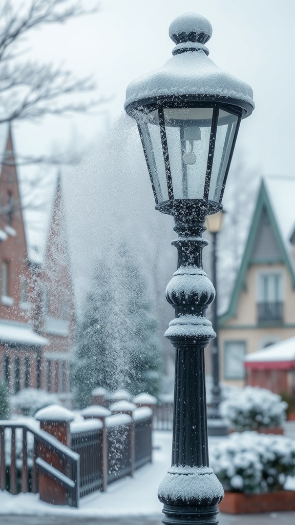 A lamp post covered in faux snow spray, creating a wintery scene.