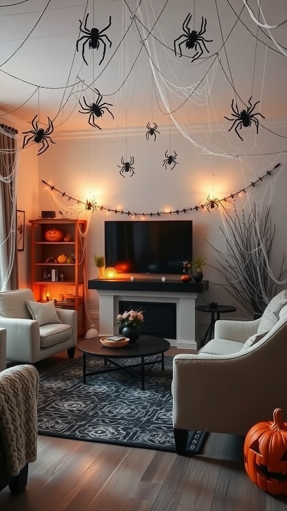 A cozy living room decorated for Halloween with faux spider webs and black spiders hanging from the ceiling.