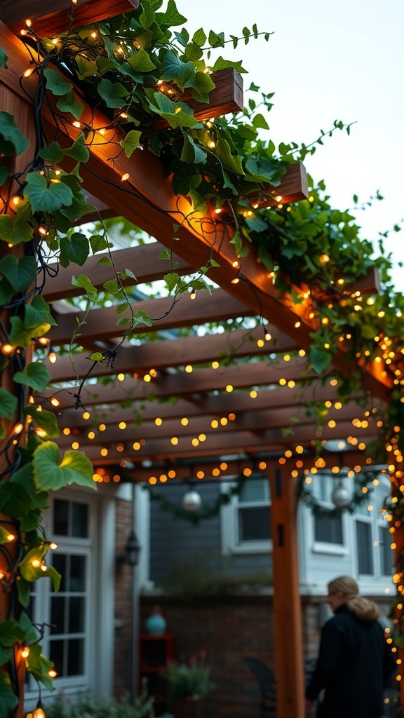 A pergola adorned with faux vines and string lights, creating a cozy outdoor atmosphere.