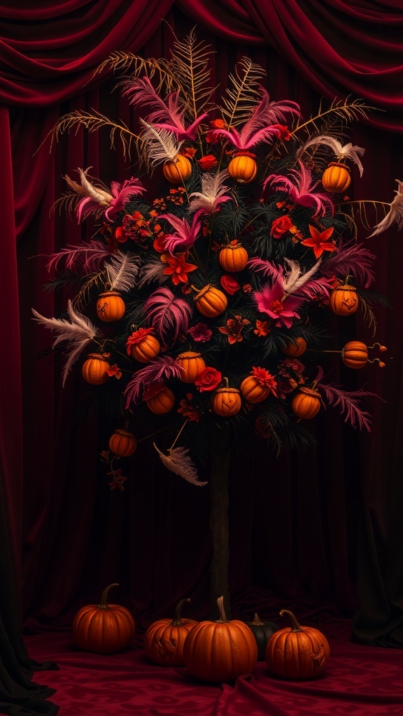 A beautifully decorated Halloween tree featuring feathers, flowers, and pumpkins against a rich velvet backdrop.