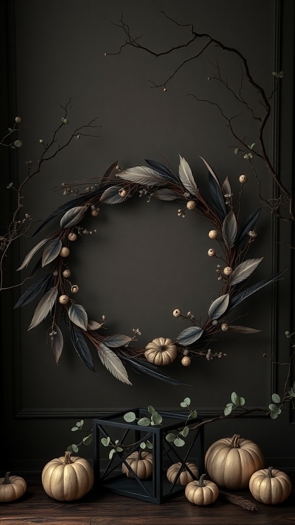 A decorative wreath made of feathers and eucalyptus leaves, adorned with small pumpkins, set against a dark background.