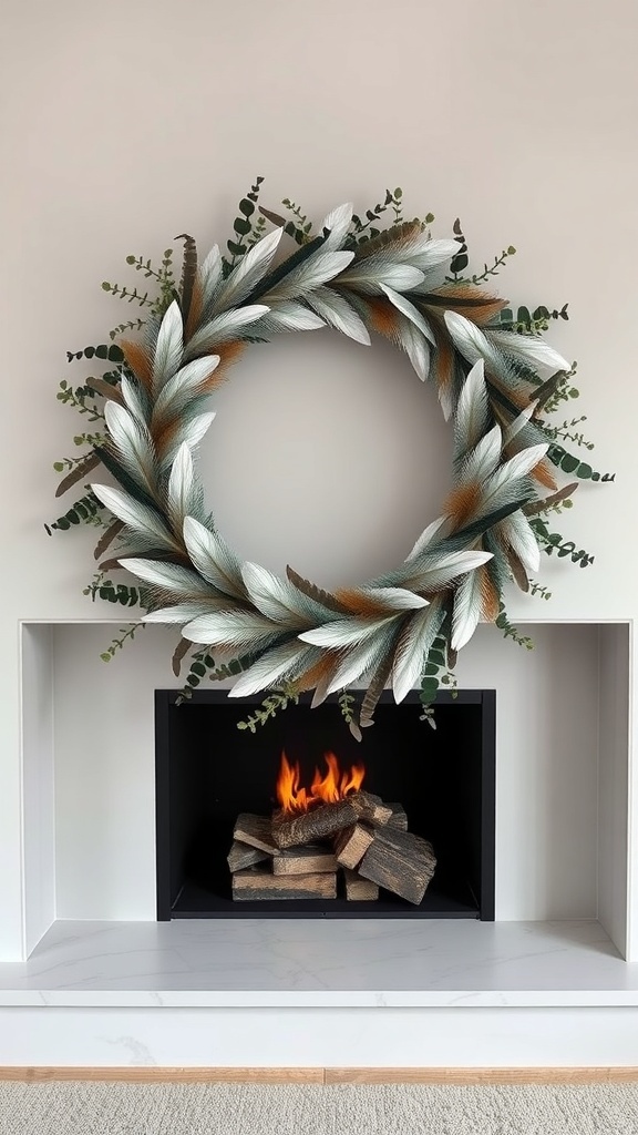 A stylish wreath made of feathers and eucalyptus, hanging above a modern fireplace.