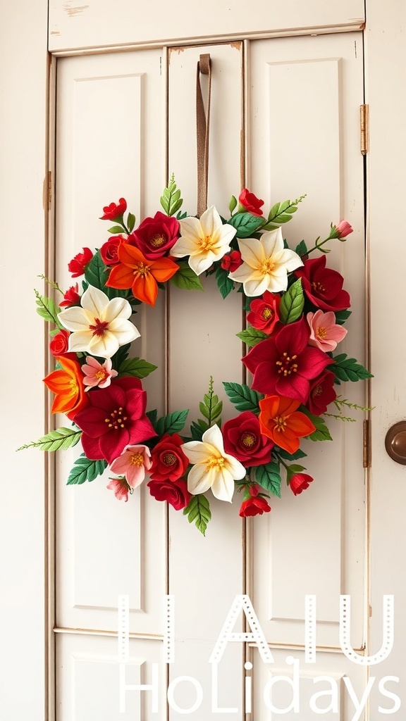 A colorful felt flower wreath with red, white, and orange flowers, hanging on a door.