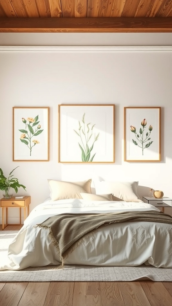 A cozy bedroom featuring three floral illustrations in light wood frames above a bed with neutral bedding.