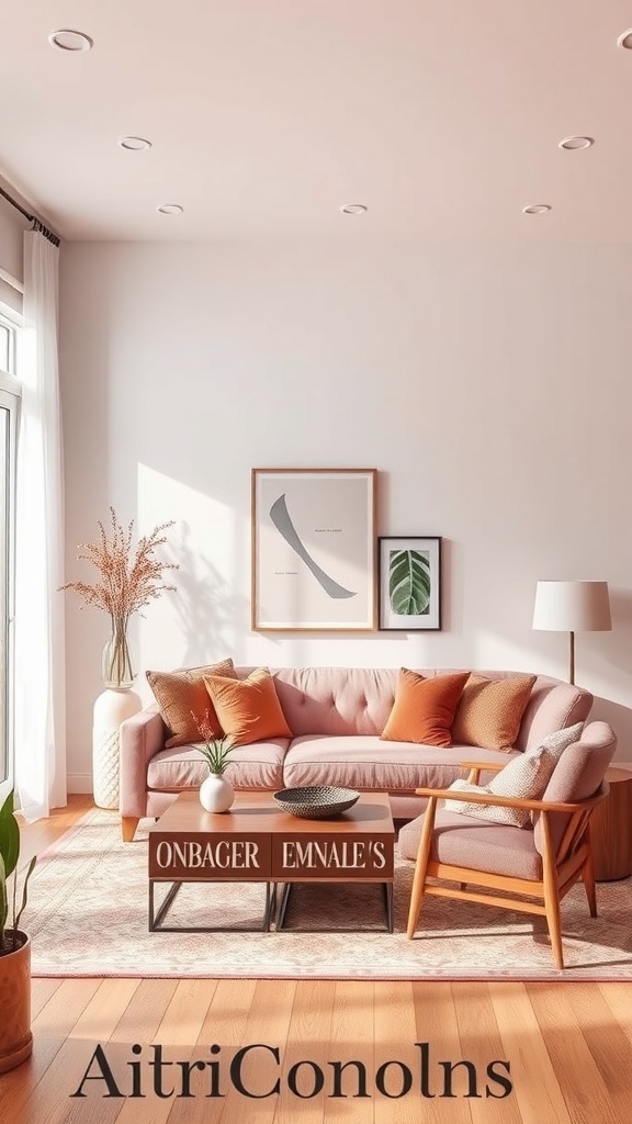 A cozy living room featuring a soft pink sofa with chocolate brown cushions, wooden furniture, and natural light.
