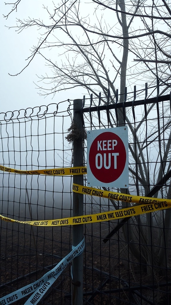 A fence wrapped in yellow caution tape with a 'KEEP OUT' sign, set against a foggy background.