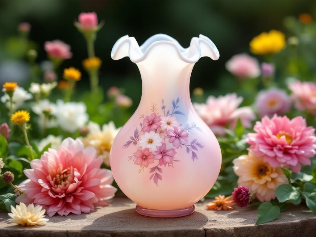 A delicate Fenton Art Glass vase with pink floral designs, surrounded by colorful flowers.