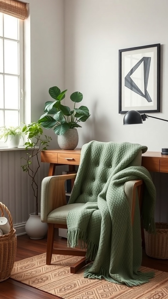 A cozy home office corner featuring a fern green throw blanket draped over a chair, with plants and a wooden desk.