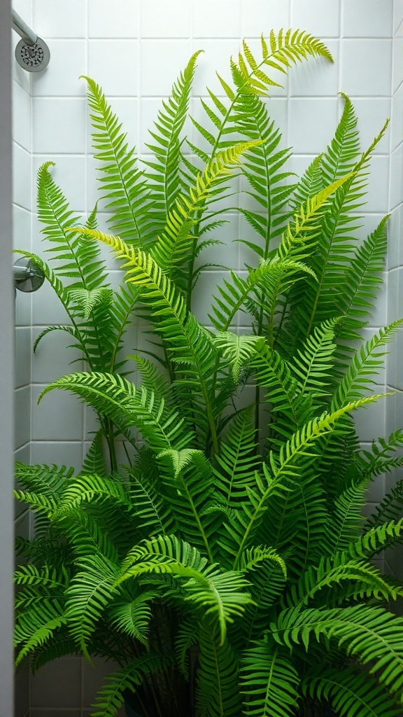 A lush display of ferns in a bright bathroom setting.