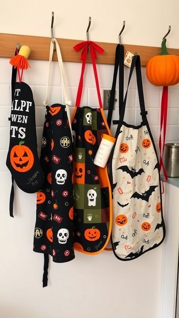 A collection of Halloween-themed aprons and oven mitts hanging on a rack, featuring designs like pumpkins and skulls.