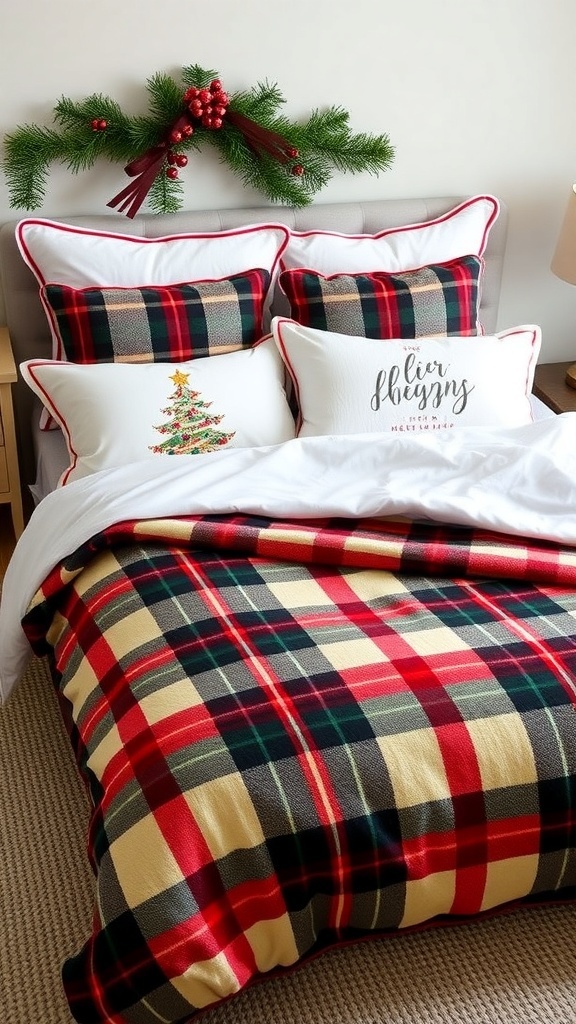 Cozy Christmas bedding with plaid duvet and festive pillows