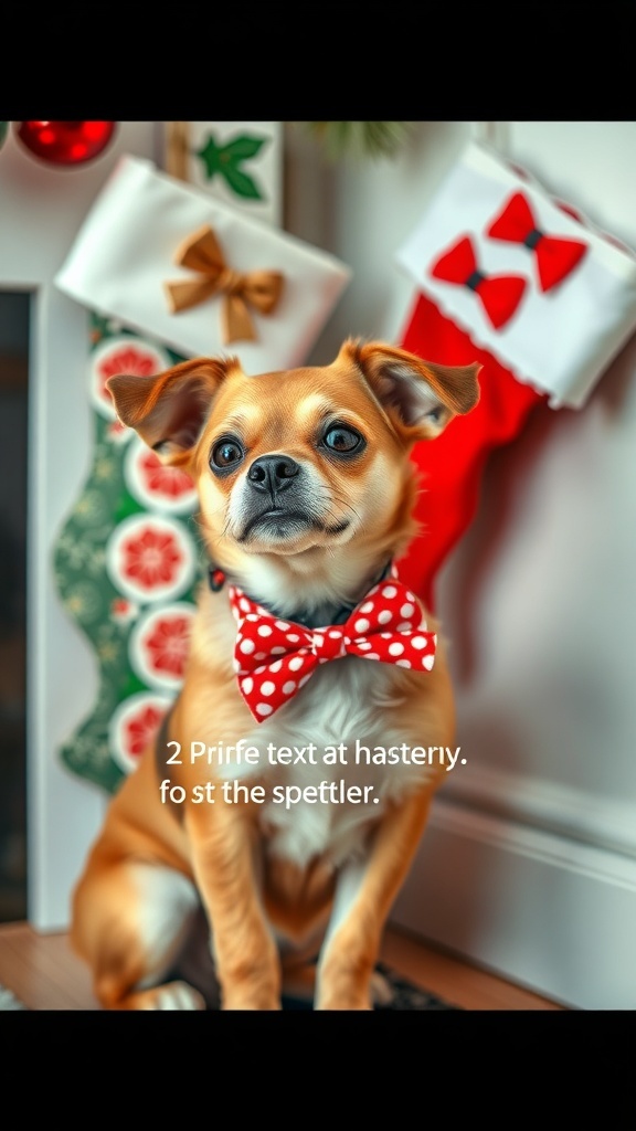 A cute dog wearing a red polka dot bow tie in front of Christmas stockings.