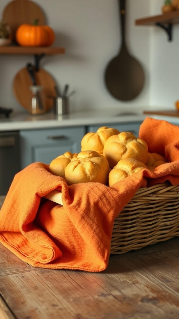 A woven basket filled with golden rolls, lined with an orange cotton towel, set on a wooden table with a pumpkin in the background.
