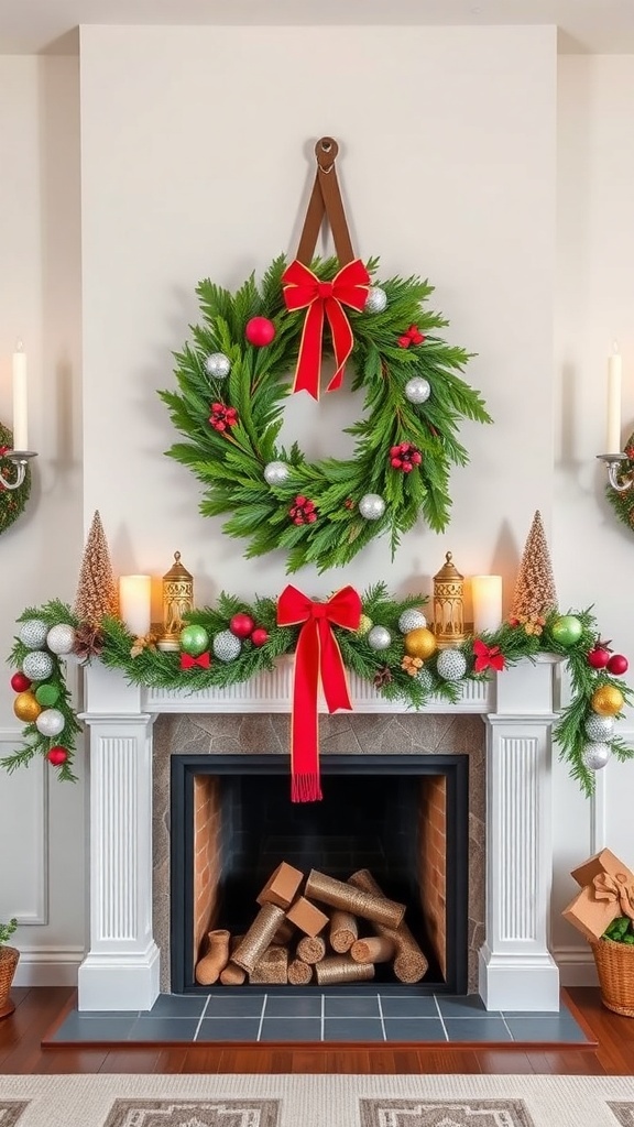 A beautifully decorated fireplace mantel with a green wreath, red bows, and festive accents.