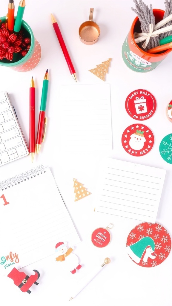 A festive workspace with colorful pens, notepads, and Christmas-themed decorations.