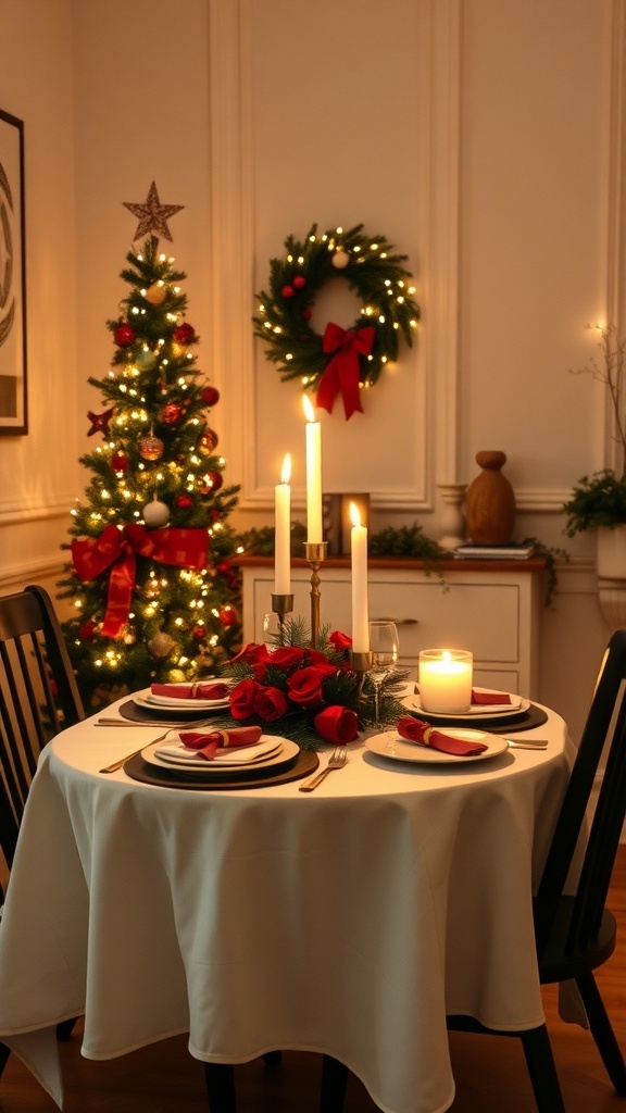 A cozy dining table decorated for Christmas with a small tree in the background, featuring a white tablecloth, red roses, and candles.