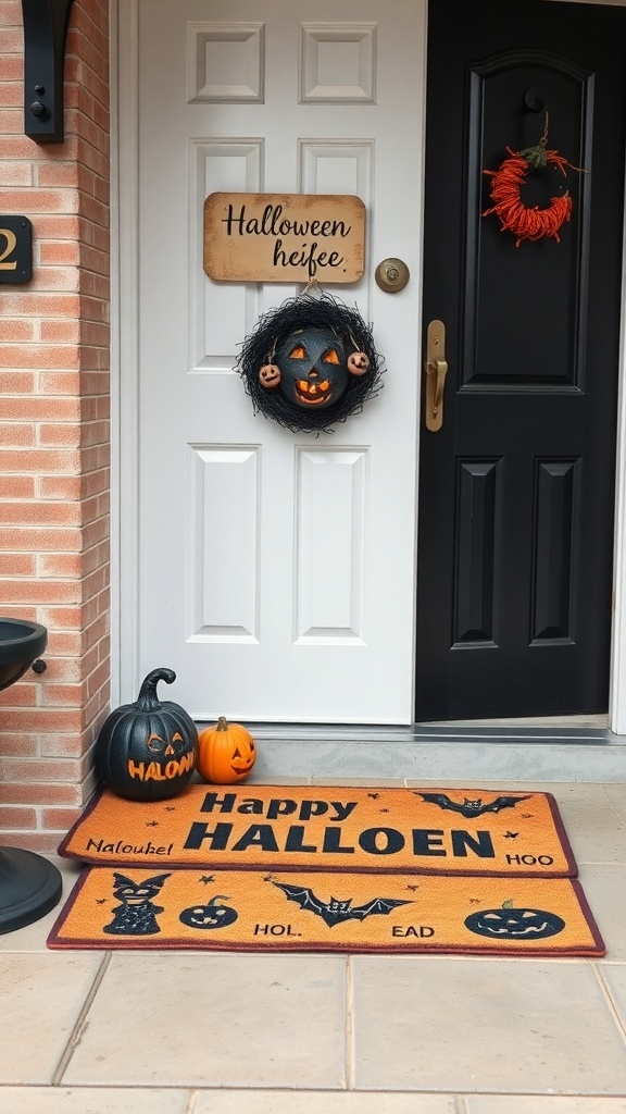 A festive Halloween doormat with pumpkins and bats, welcoming guests at a front door.