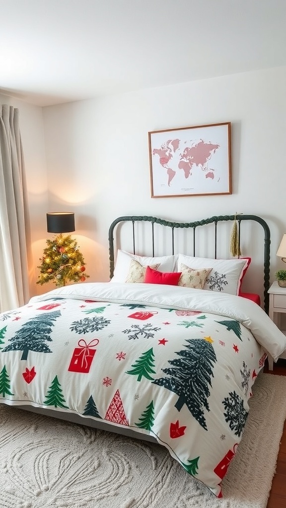 A cozy bedroom featuring a festive duvet cover with Christmas trees and gifts, complemented by decorative pillows and a small Christmas tree.