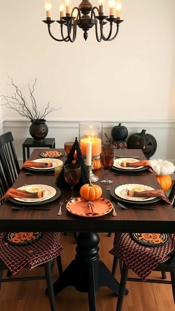 A Halloween themed dining table with black and orange decor, featuring pumpkins, candles, and themed tableware.