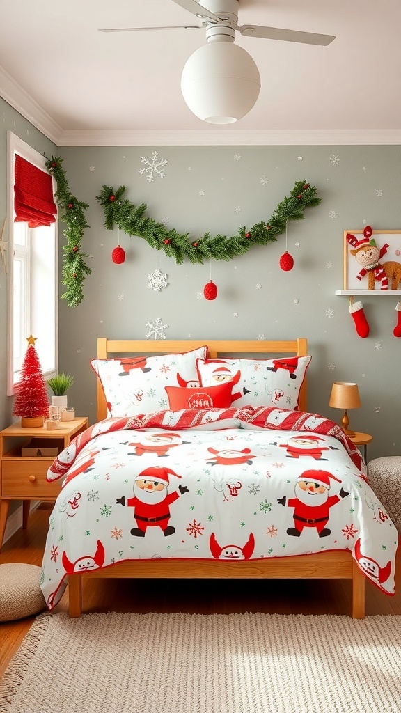 A cozy kids' bedroom decorated with festive bedding featuring Santa and snowflakes, complemented by holiday decorations.