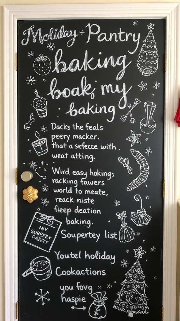 A festive chalkboard pantry door decorated with holiday doodles and baking lists.