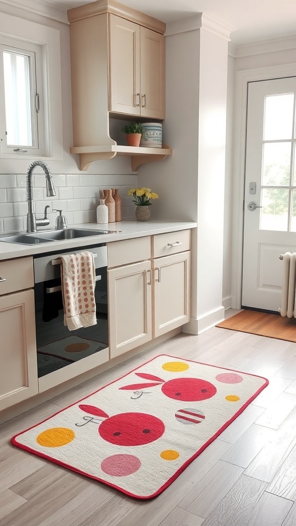 A festive kitchen rug with bunny designs and colorful dots, placed in a bright kitchen.