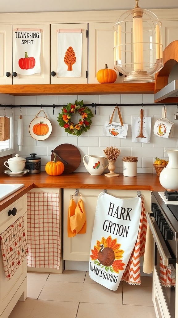 A cozy kitchen decorated for Thanksgiving with themed towels, pumpkins, and a wreath.