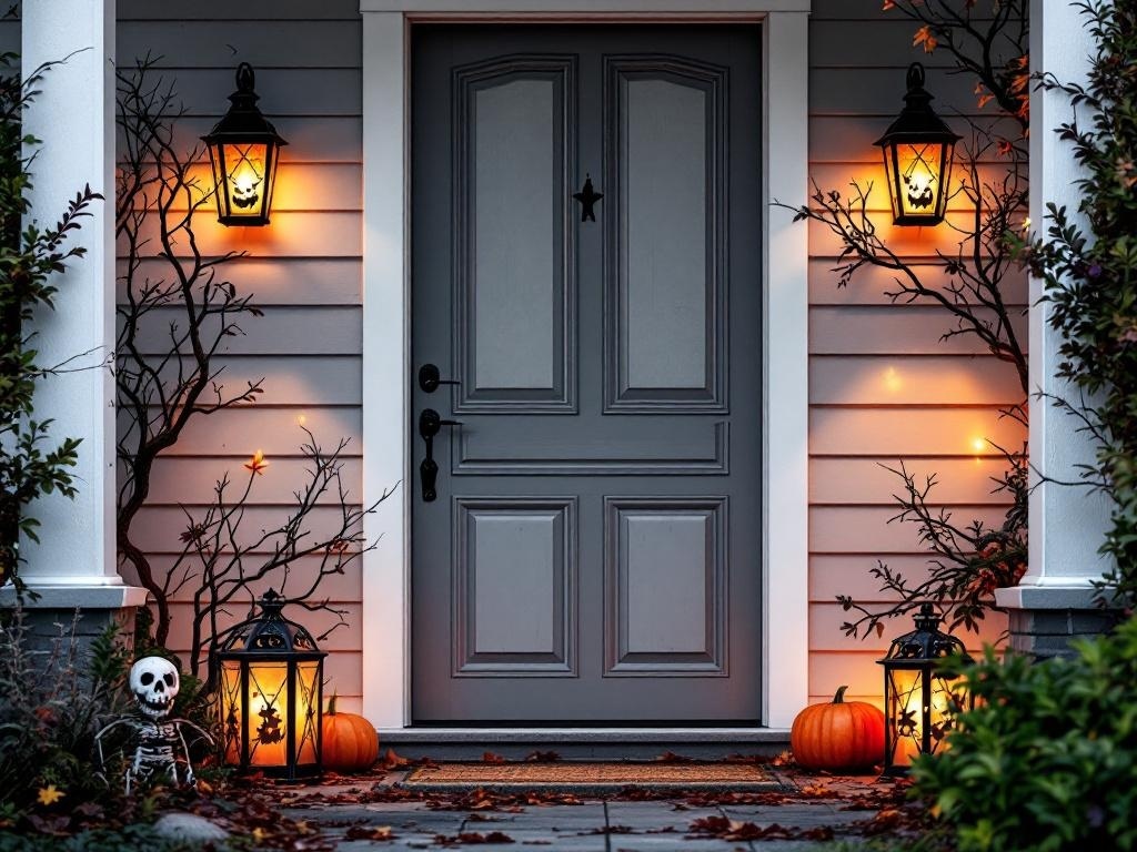 Festive Halloween front door decor with lanterns, pumpkins, and a skeleton