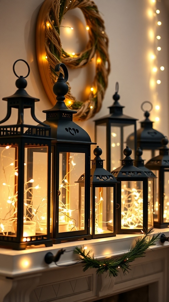A stylish mantel display featuring black lanterns filled with fairy lights, a greenery garland, and a decorative wreath.
