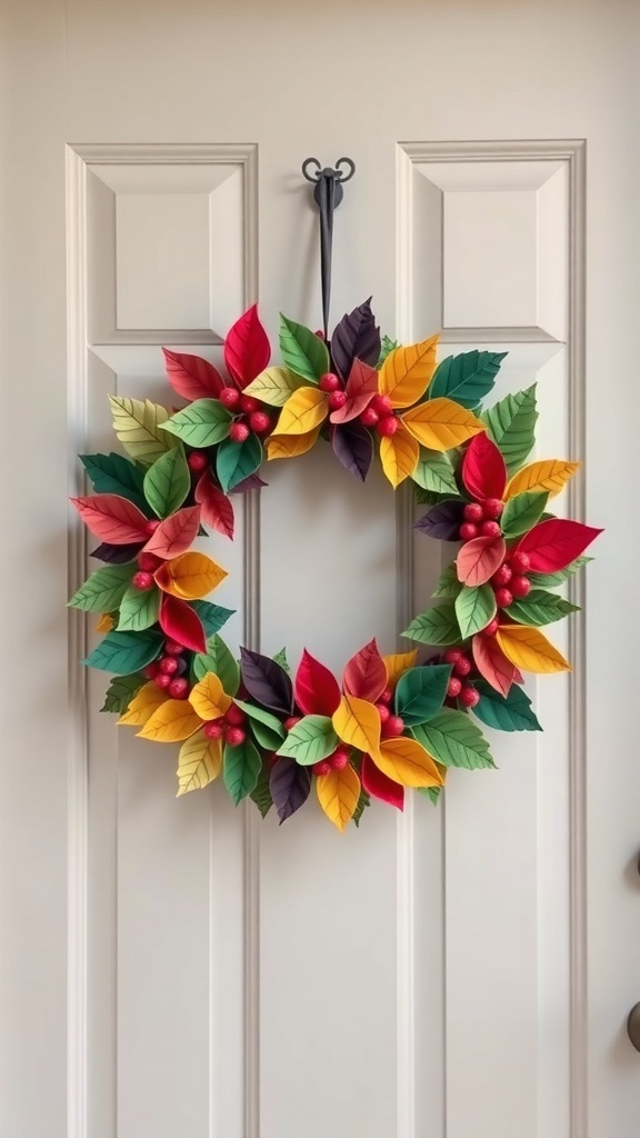Colorful paper wreath with red, yellow, green, and purple leaves, adorned with berries, hanging on a door.