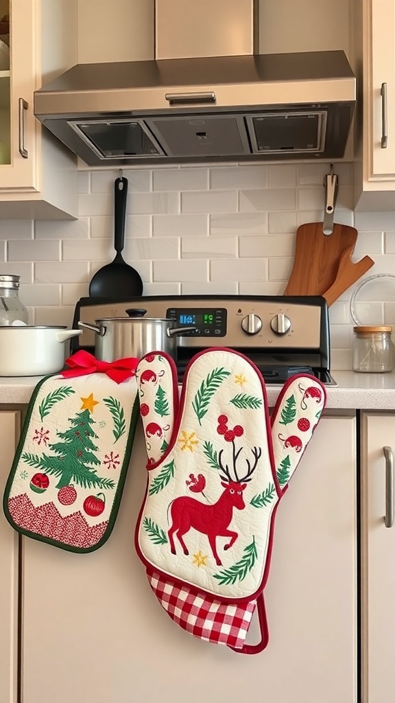Festive pot holders and oven mitts with Christmas designs hanging in a kitchen.
