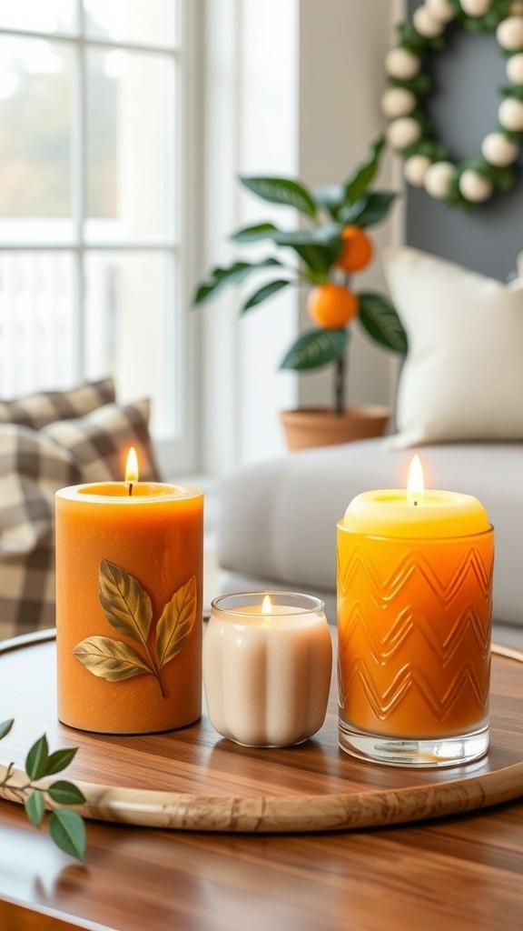A cozy arrangement of festive scented candles in orange and white on a wooden tray.