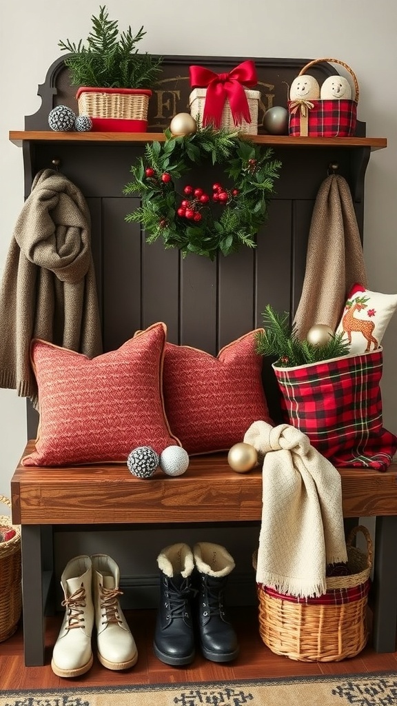A festive shoe bench decorated with pillows, a wreath, and holiday accents.