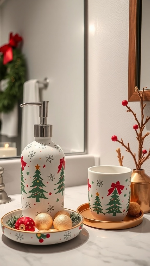 A festive soap dispenser and cup with Christmas tree designs, accompanied by decorative ornaments on a tray.