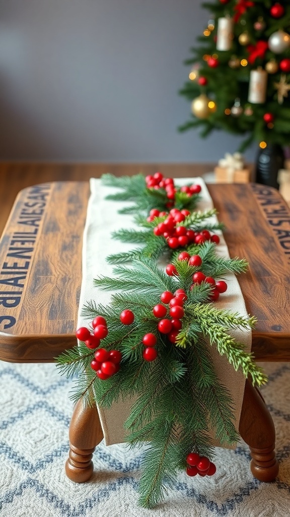 A coffee table decorated with a festive table runner featuring greenery and red berries.