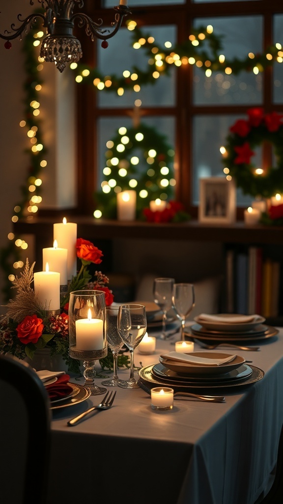 A beautifully decorated table for Christmas with candles, flowers, and elegant tableware.