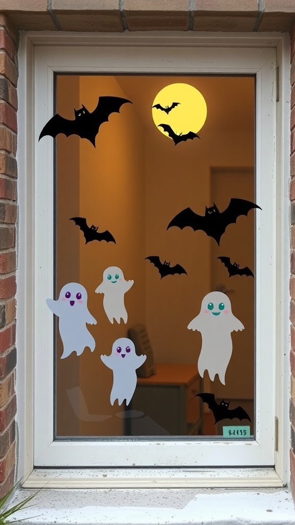 Colorful Halloween window clings featuring bats and ghosts on a window