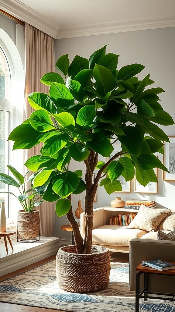 A tall Fiddle Leaf Fig plant with large, glossy leaves in a bright living room setting.