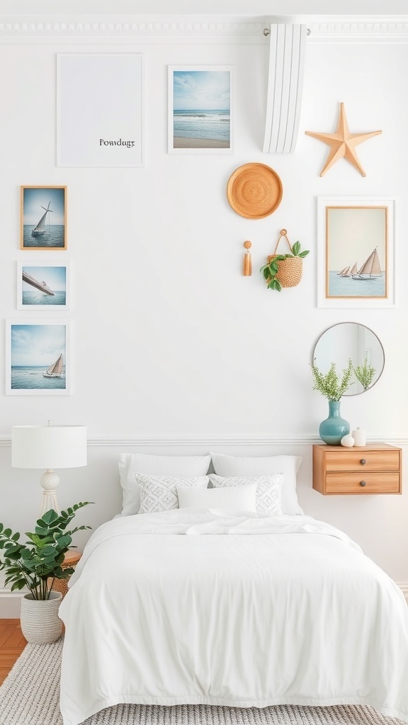 A bright and airy summer bedroom with white bedding and coastal-themed decor.