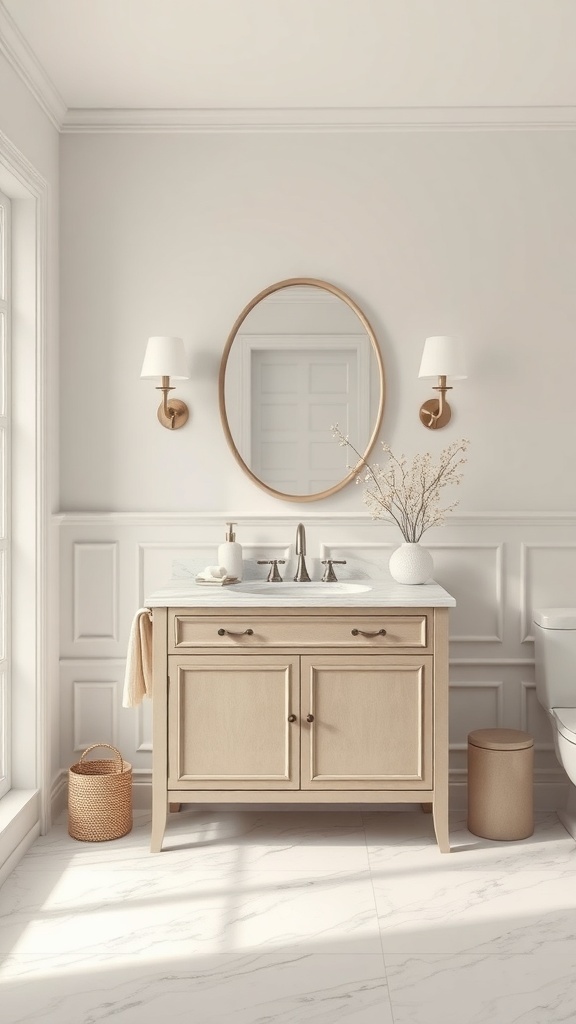 A stylish bathroom vanity unit with a light wood finish, marble countertop, and round mirror, set in a bright, airy bathroom.