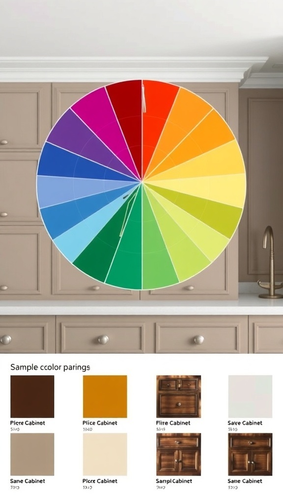 Color wheel with various color pairings for kitchen cabinets.