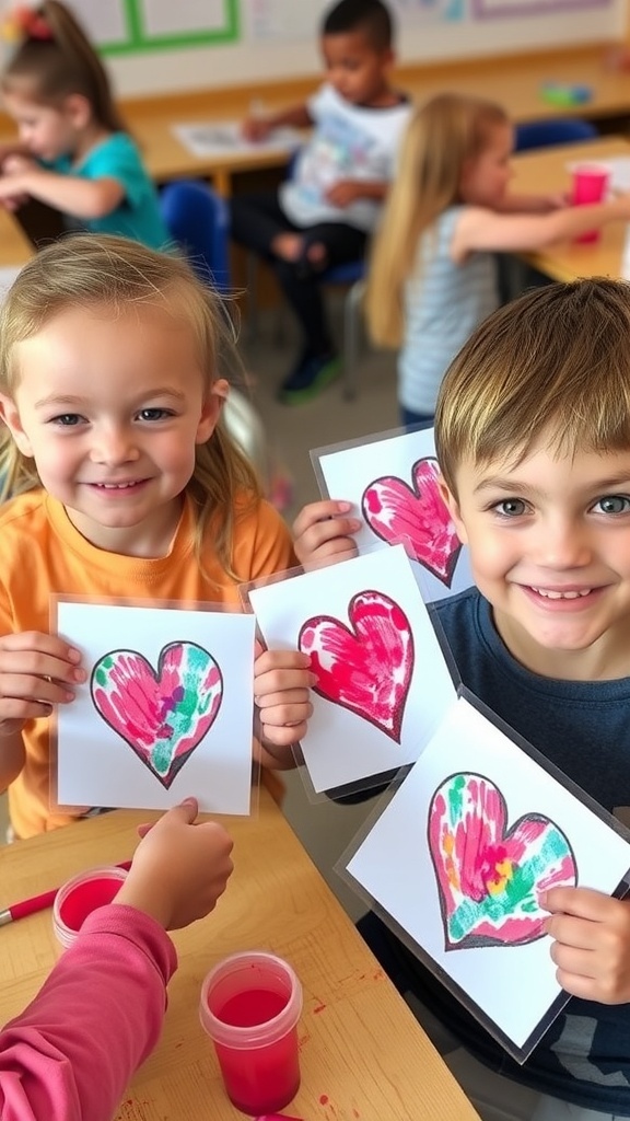 Three children holding colorful fingerprint Valentine cards with heart designs.