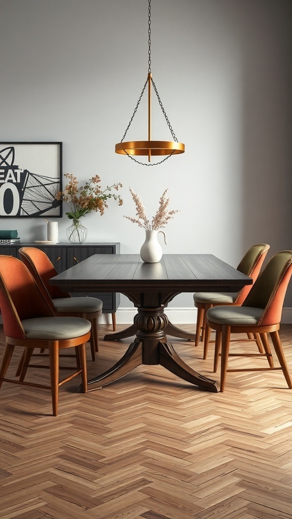 A stylish extendable dining table with colorful chairs and a pendant light above, set in a modern dining space.