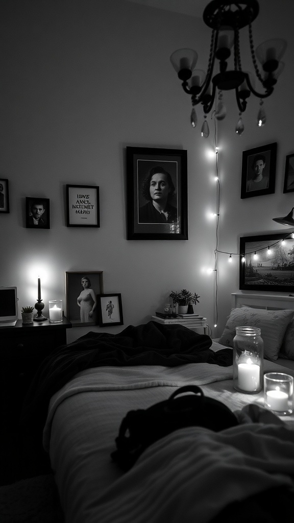 A stylish black and white bedroom featuring candles, framed art, and soft furnishings.