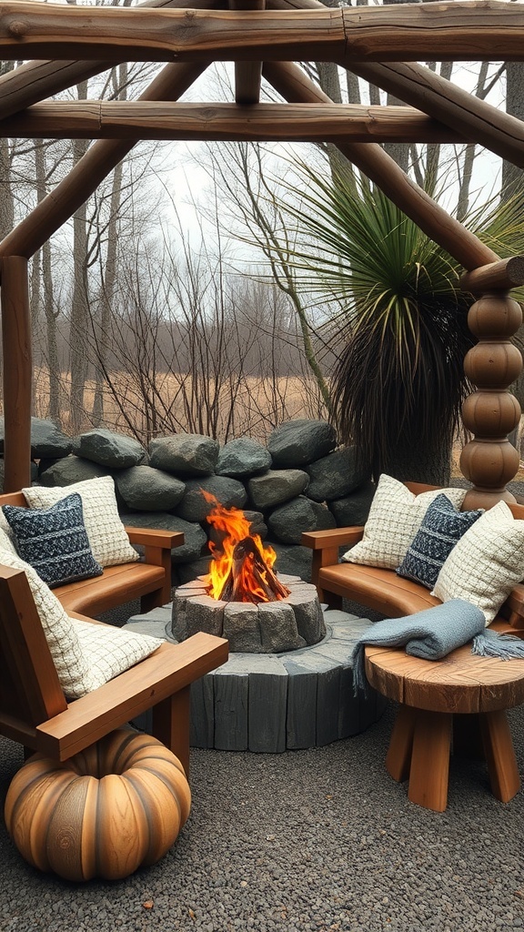 A rustic fire pit nook featuring wooden seating, stone fire pit, and cozy cushions.
