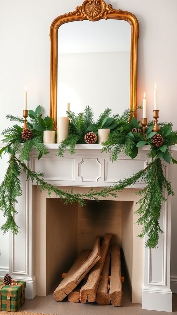 A beautifully decorated fireplace mantel with greenery, candles, and a vintage mirror.
