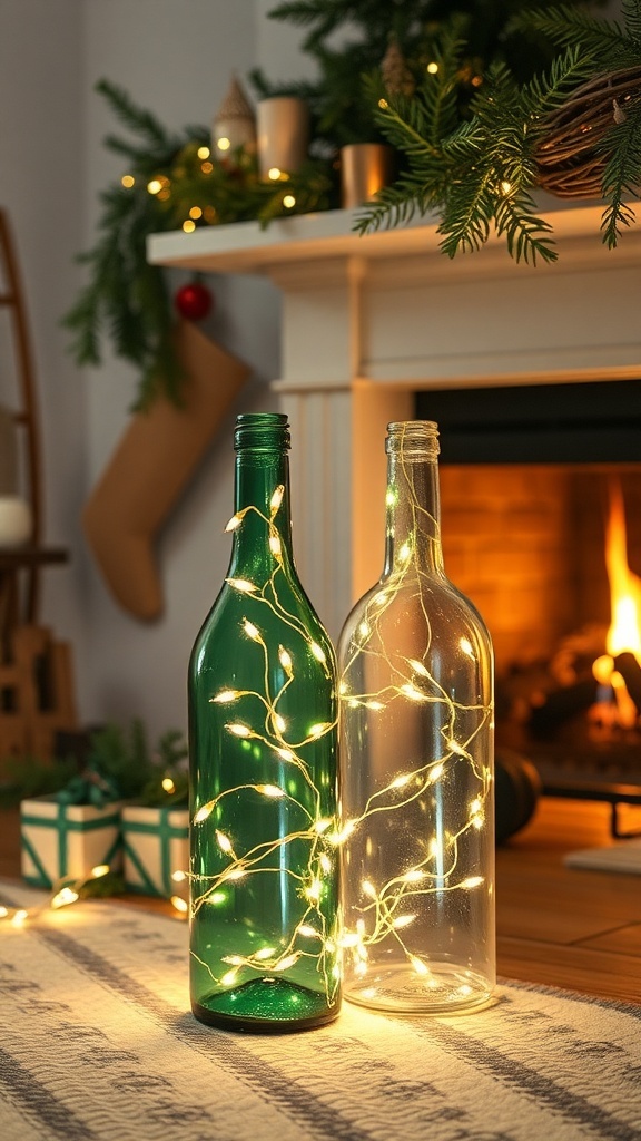 Two glass bottles with fairy lights inside, placed in front of a fireplace, creating a cozy holiday atmosphere.