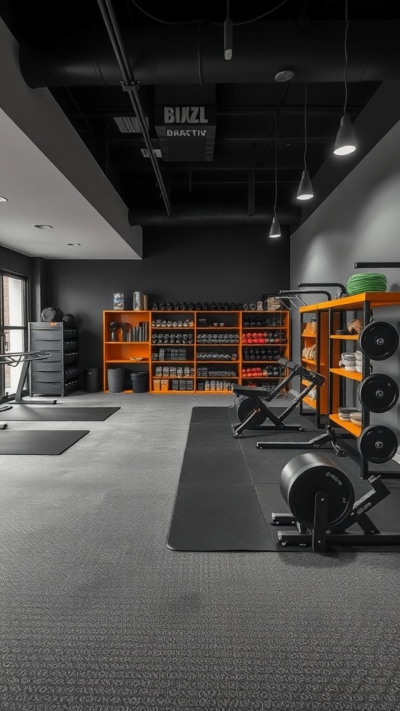 A modern fitness and hobby fusion room featuring black walls, orange shelving, and workout equipment.