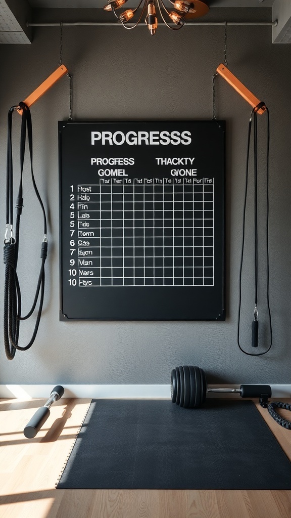 A fitness progress board with workout tracking sections and exercise equipment in a home gym setting.