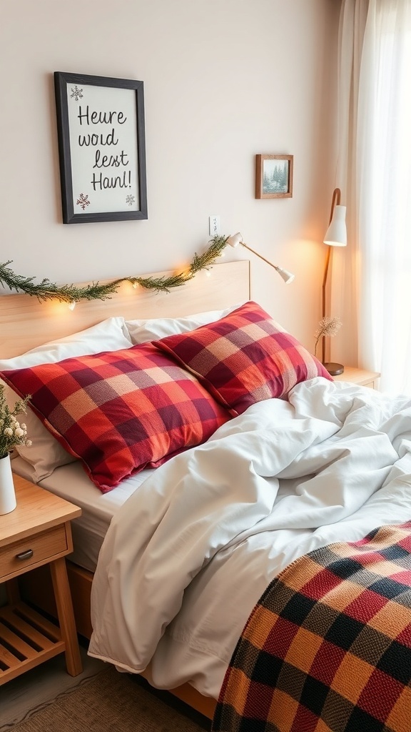 Cozy bedroom with flannel pillows and a white duvet, decorated with warm tones and soft lighting.
